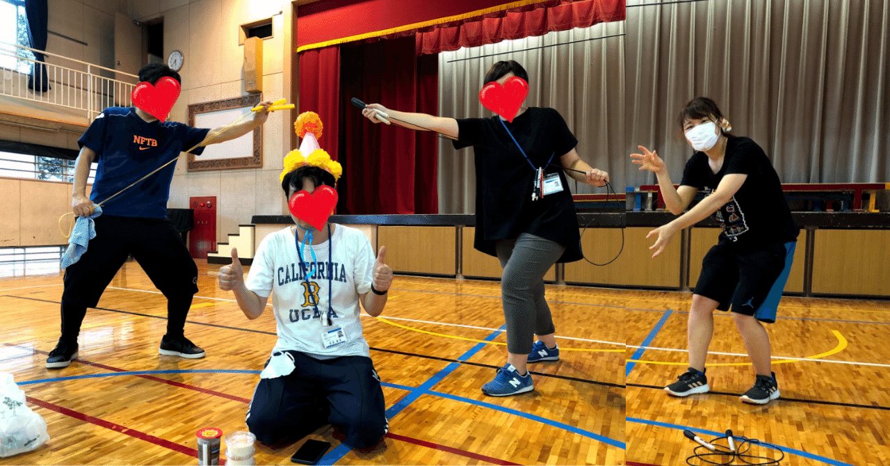教員時代、体育館で同僚の先生たちとポーズをとる加藤みゆ（ほかの先生の顔は隠しています）